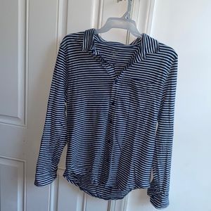 J Crew Medium Navy & White Button-Up Striped Long Sleeve Tee